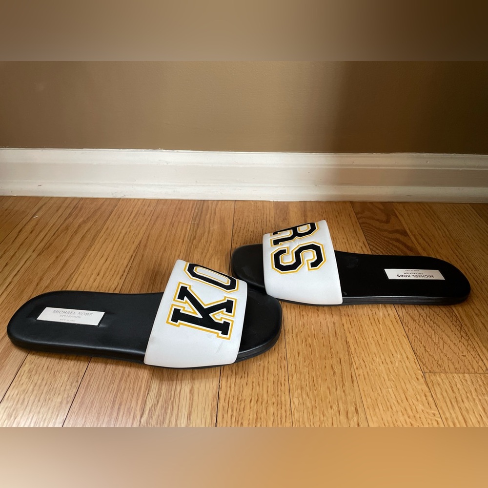 Michael Kors Black Slide Sandals with White Logo Inset - Picture 6 of 9